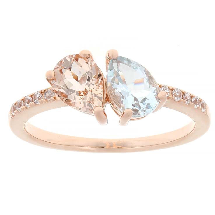 Morganite And Aquamarine Two-Stone Ring In 18K Rose Gold Over Sterling
Silver 1.08ctw