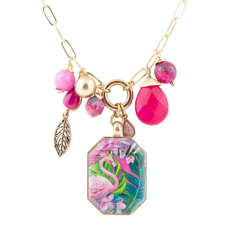 Barse Jewelry Pink Agate & Multi-Gemstone Gold Tone Flamingo Charm Necklace