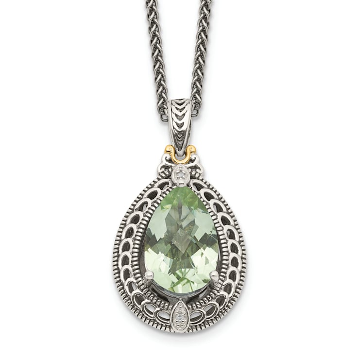 Sterling Silver Antiqued with 14K Accent Diamond and Green Quartz Necklace