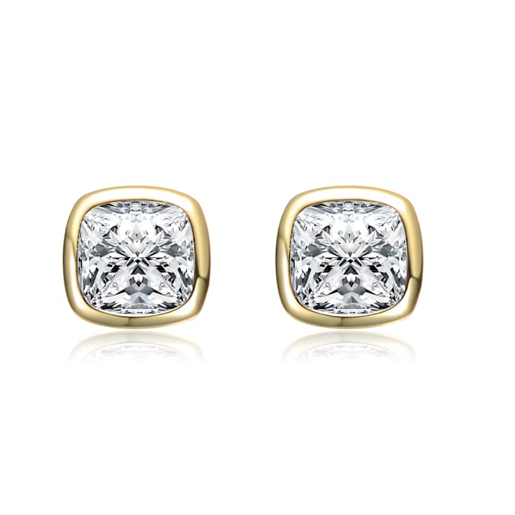 Cushion-Cut CZ Bezel Stud Earrings In 14K Gold Over Sterling Silver