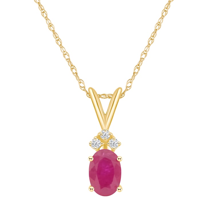 7x5mm Oval Ruby with Diamond Accents 14k Yellow Gold Pendant With Chain