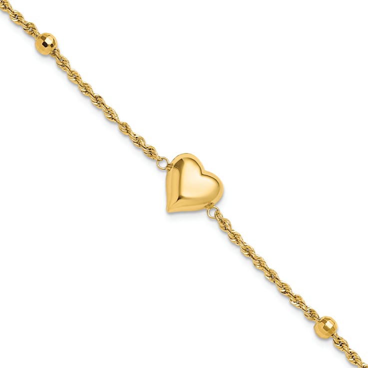 14k Yellow Gold Polished and Diamond-Cut Beaded Puffed Heart Bracelet