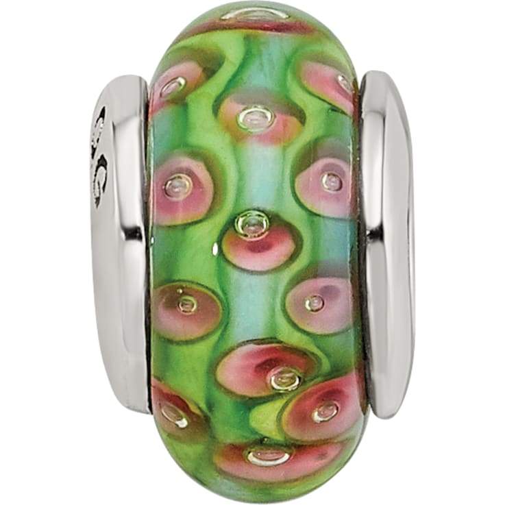 Sterling Silver Green Blue Hand-blown Glass Bead