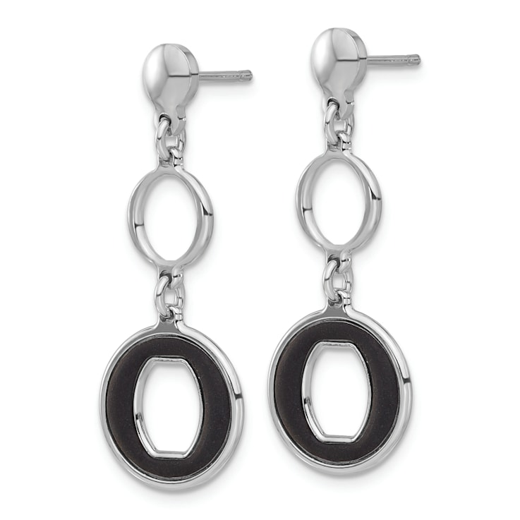 Rhodium Over Sterling Silver Polished Black Circle Post Dangle Earrings
