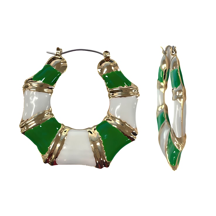 Gold Tone Green and White Enamel Earring