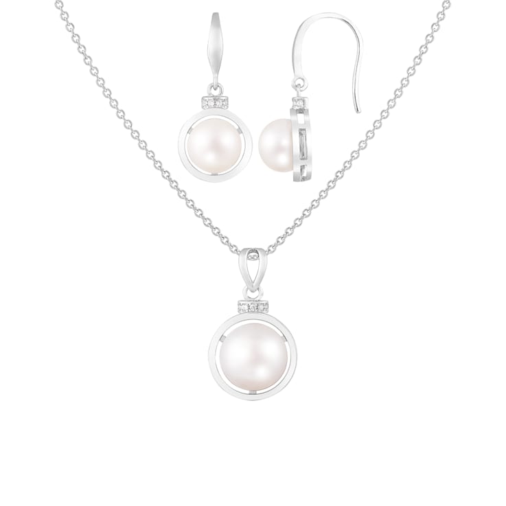 7½-10mm Button White Freshwater Pearl and CZ Rhodium Over Sterling
Earring and Pendant W/Chain Set
