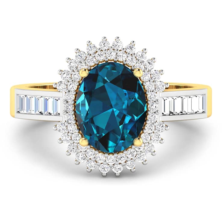 14K Yellow Gold London Blue Topaz and White Diamond Oval Halo Ring 2.42ctw