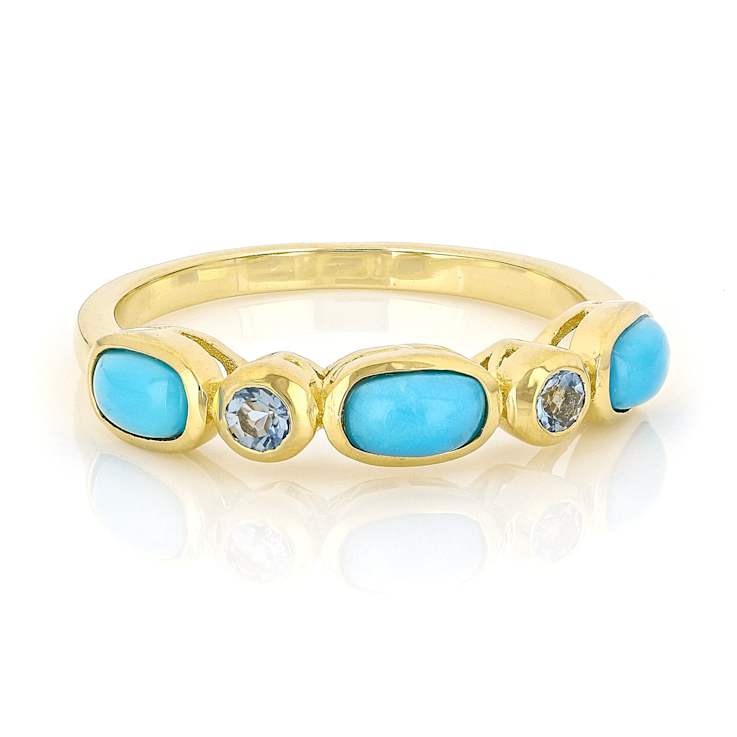 Turquoise And Aquamarine Band Ring In 18K Gold Over Sterling Silver 0.11ctw