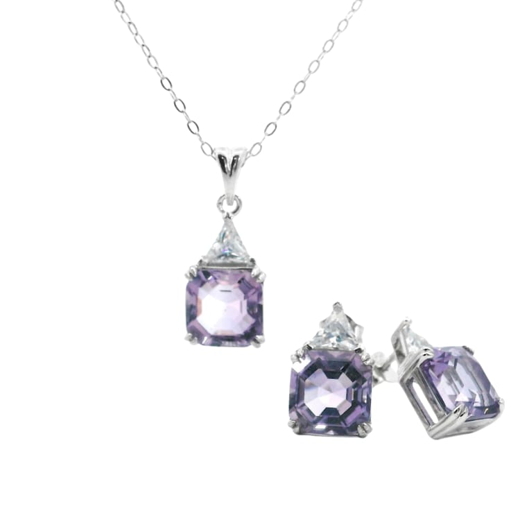 Purple Amethyst and White CZ Octagon Stud Sterling Silver Earrings