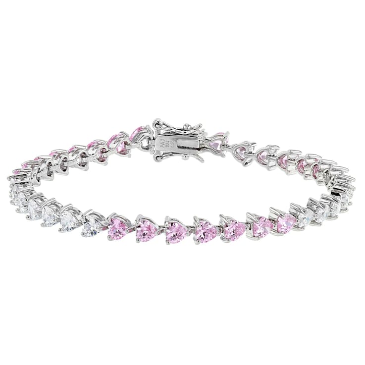 Pink And White Cubic Zirconia Rhodium Over Sterling Silver Heart Tennis
Bracelet 14.39ctw