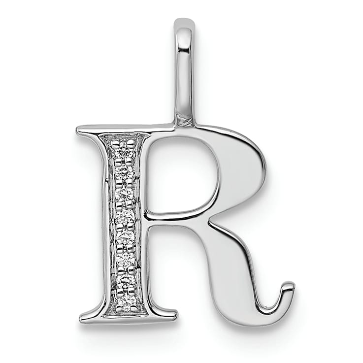 14K White Gold Diamond Letter R Initial Pendant