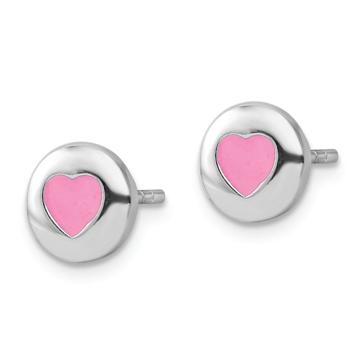 Rhodium Over Sterling Silver Pink Enamel Heart Circle Post Earrings