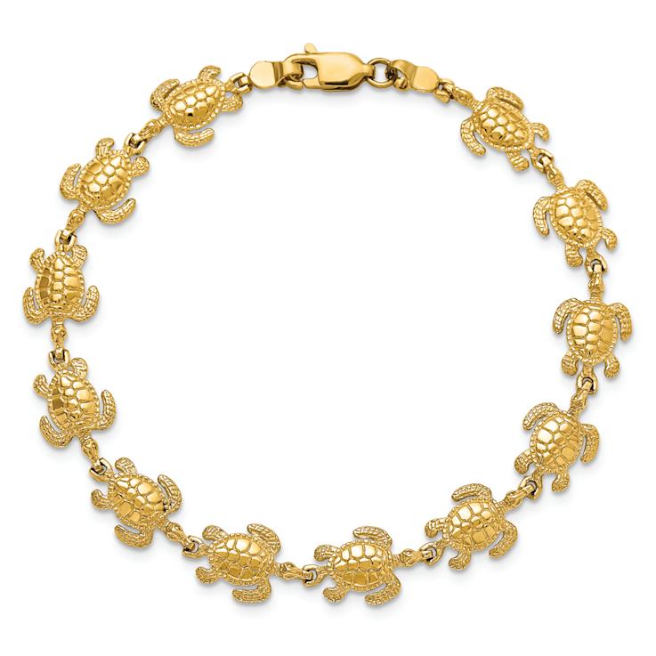 14k Yellow Gold Textured Swimming Sea Turtle Link Bracelet