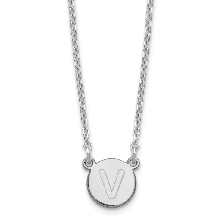 Rhodium Over Sterling Silver Tiny Circle Block Letter V Initial Necklace