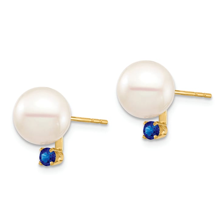 14K Yellow Gold 8-8.5mm White Round Freshwater Cultured Pearl Sapphire
Post Earrings