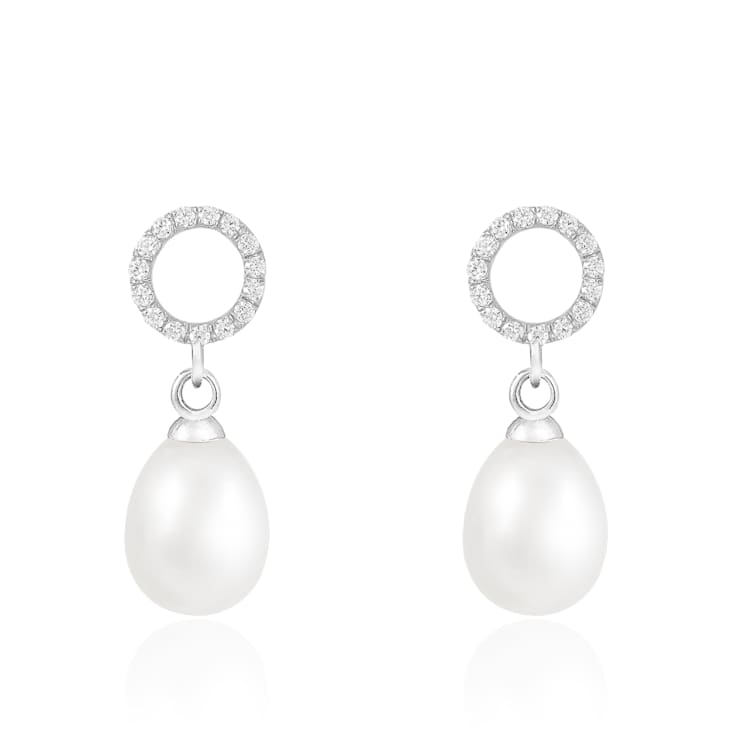 7.5-8mm White Cultured Freshwater Pearl Rhodium Over Sterling Silver Earrings