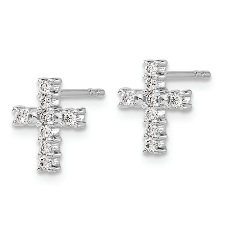 Rhodium Over 14k White Gold Polished Diamond Cross Stud Earrings