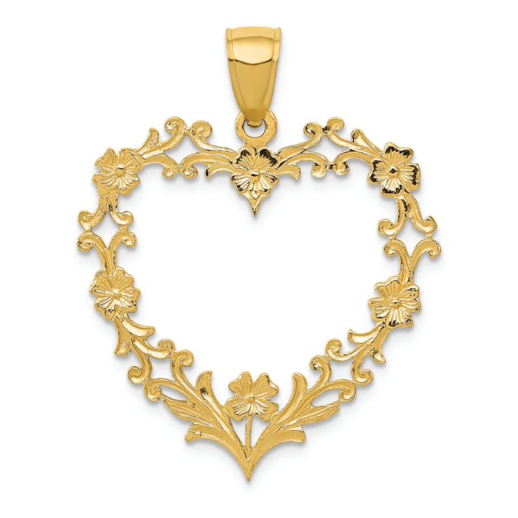 14k Yellow Gold Polished and Textured Floral Border Heart Pendant