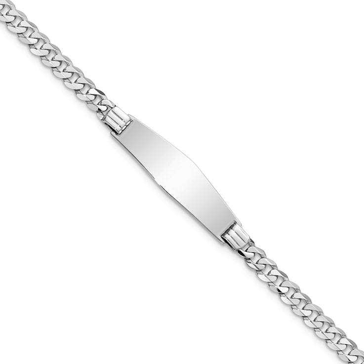 Rhodium Over 14k White Gold Soft Diamond Shape Flat Curb Link ID Bracelet