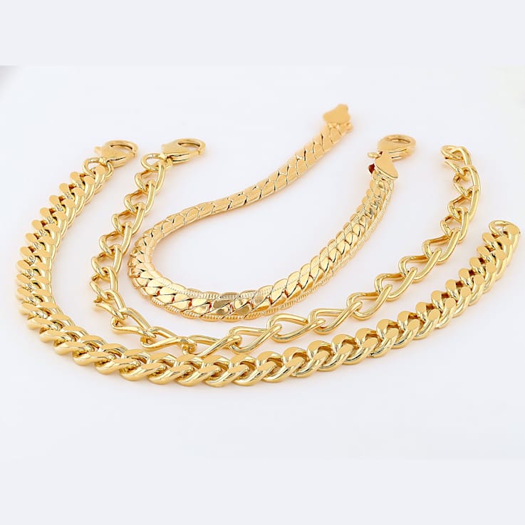 Curb Link Bracelet Set Of Three In 18K Gold Over Bronze