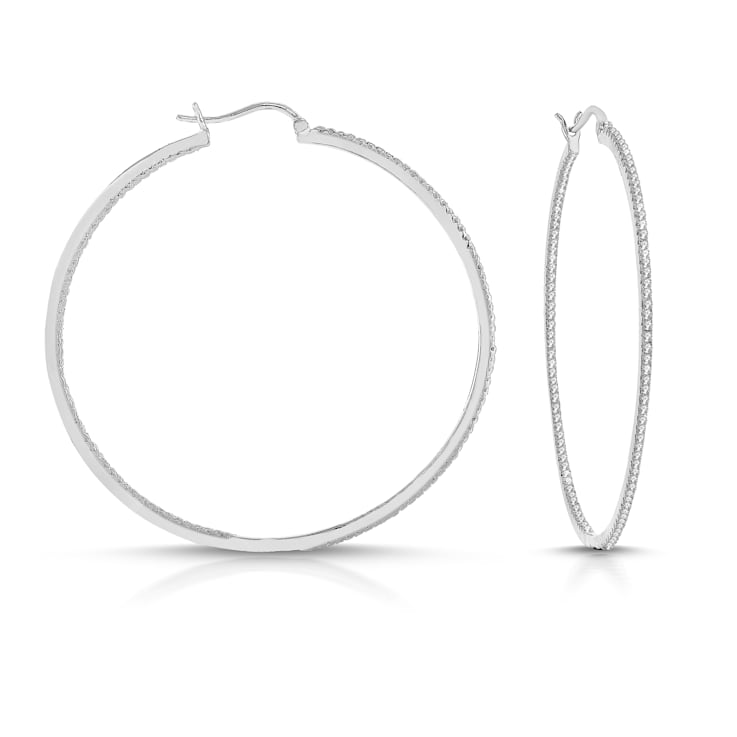 Clear Cubic Zirconia, Rhodium Plated Slim Large Hoop Earrings