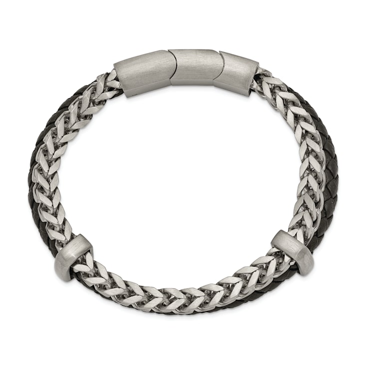 Black Leather and Stainless Steel Brushed and Chain 8-inch with 0.5-inch
Extension Bracelet