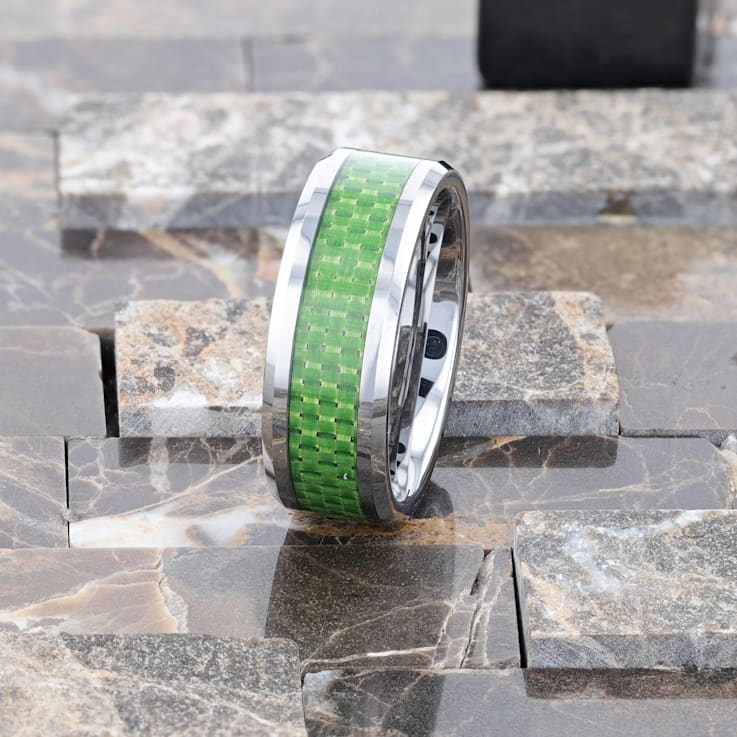 VERMONT Tungsten Wedding Band With Emerald Green Carbon Fiber Inlay 8mm