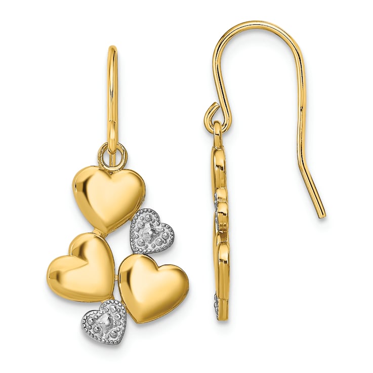 14k Yellow Gold and Rhodium Over 14k Yellow Gold Polished Hearts Dangle Earrings