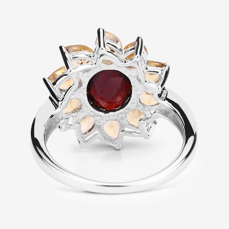 Red Garnet and Yellow Citrine Rhodium Over Sterling Silver Oval Floral
Cocktail Ring 5.5ctw