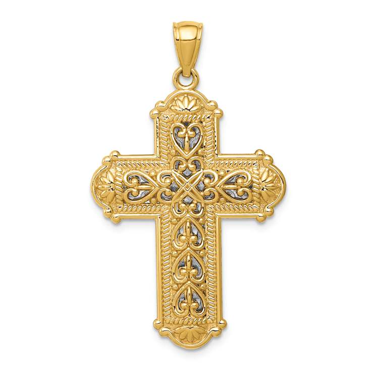 14K Two-tone Gold  Reversible Diamond-Cut Filigree Cross Pendant