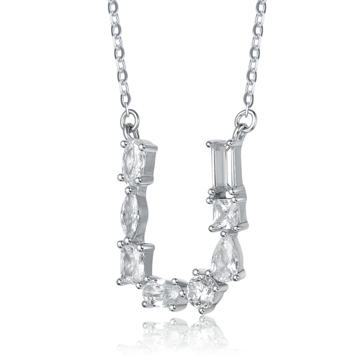 Initial U Mixed Cut CZ Pendant Necklace In Sterling Silver 18 Inch