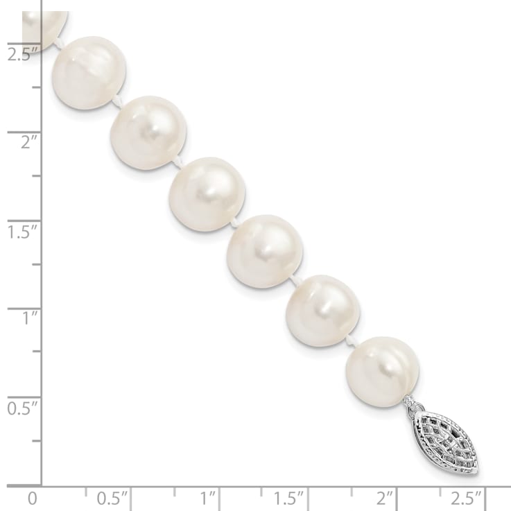 Rhodium Over Sterling Silver 10-11mm White Freshwater Cultured Pearl Bracelet