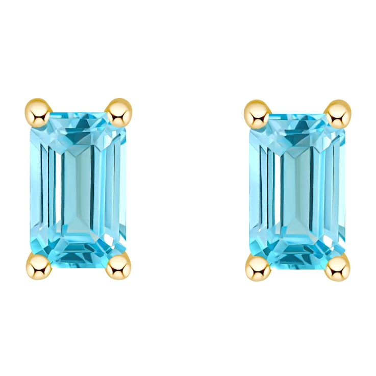 5x3mm Emerald Cut Blue Topaz 14k Yellow Gold Stud Earrings