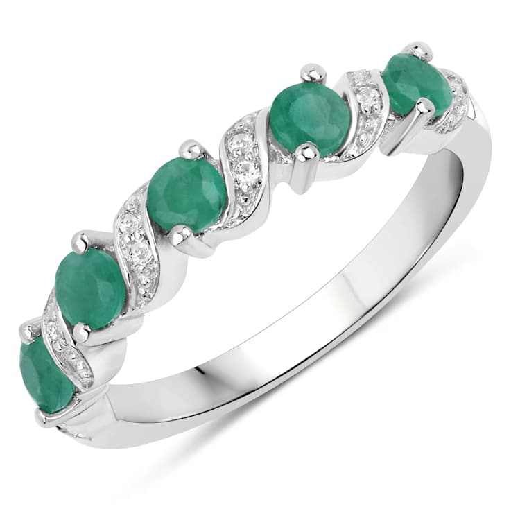 Green Emerald and White Topaz Sterling Silver 5 Stone Band Ring