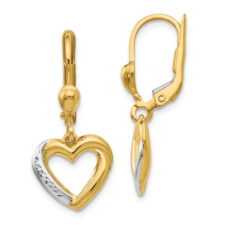 14k Yellow Gold and Rhodium Over 14k Yellow Gold Textured and Polished
Heart Dangle Earrings