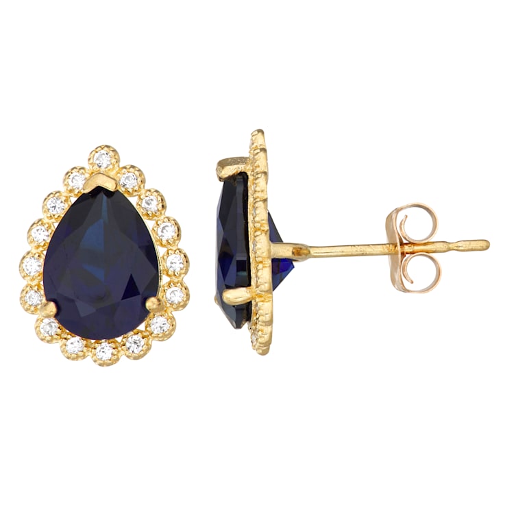 Pear Lab Created Sapphire 10K Yellow Gold Stud Earrings 2.96ctw