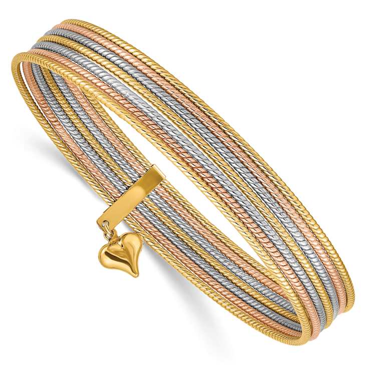 14k Tri-color Gold 11mm Oversized Set of 7 Textured Slip-on Bangles with
Dangle Heart Charm
