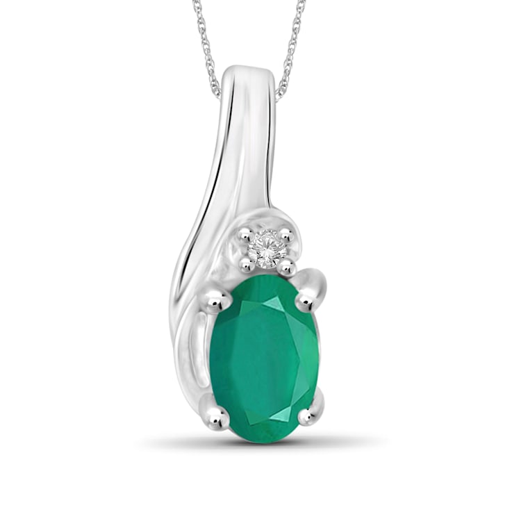 Green Emerald with White Diamond Accent Rhodium Over Sterling Silver
Pendant with Chain 0.30ctw