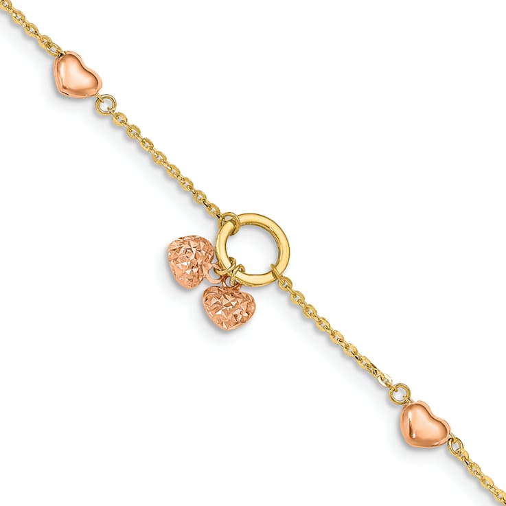 14K Two-tone Diamond-cut Hearts with 1 Inch Extension Bracelet