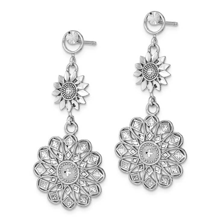 Rhodium Over 14k White Gold Diamond-Cut Sunflower Style Double Drop Earrings