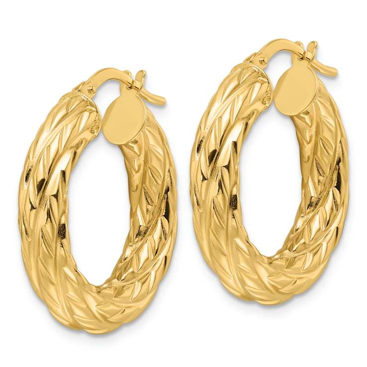 14k Yellow Gold 1/1" Polished Woven Textured Round Hoop Earrings