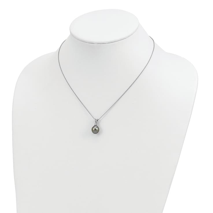 Rhodium Over Sterling Silver Polished Necklace and Earring Set with
Tahitian Pearls and CZ.