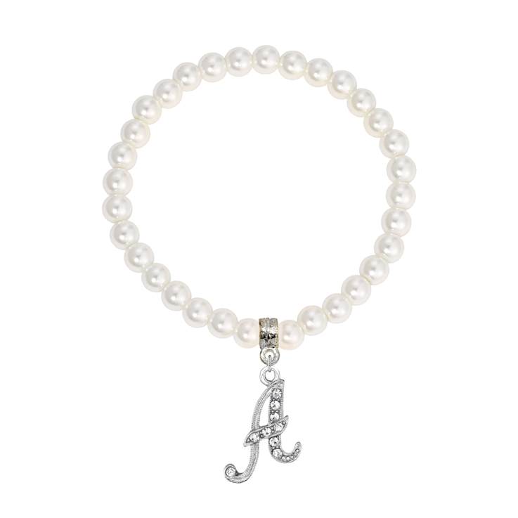 White Faux Pearl Bead Initial Charm Stretch Bracelet