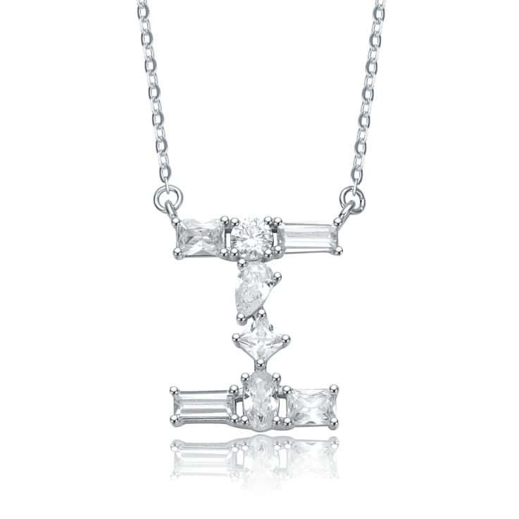 Initial I Mixed Cut CZ Pendant Necklace In Sterling Silver 18 Inch