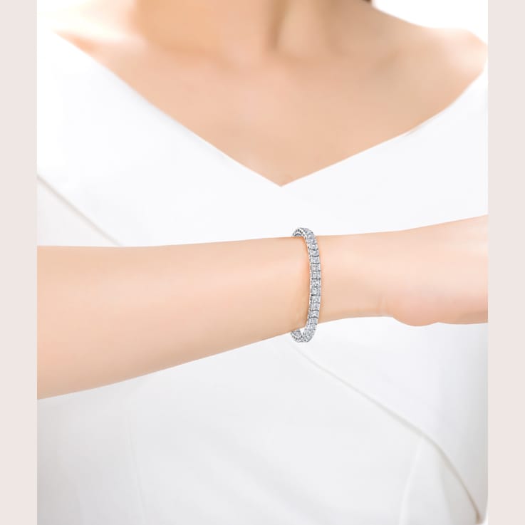 Square-Cut CZ Tennis Bracelet In Rhodium Over Brass
