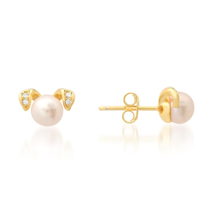 6mm Cultured Freshwater Pearl And Cubic Zirconia 14k Yellow Gold Over
Silver Dog Earrings 0.02ctw