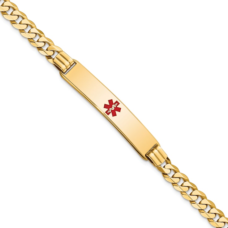 14k Yellow Gold Medical Red Enamel Curb Link ID Bracelet