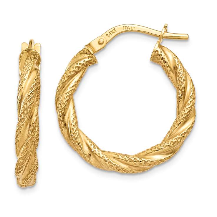 14k Yellow Gold Twisted Textured 13/16" Hoop Earrings