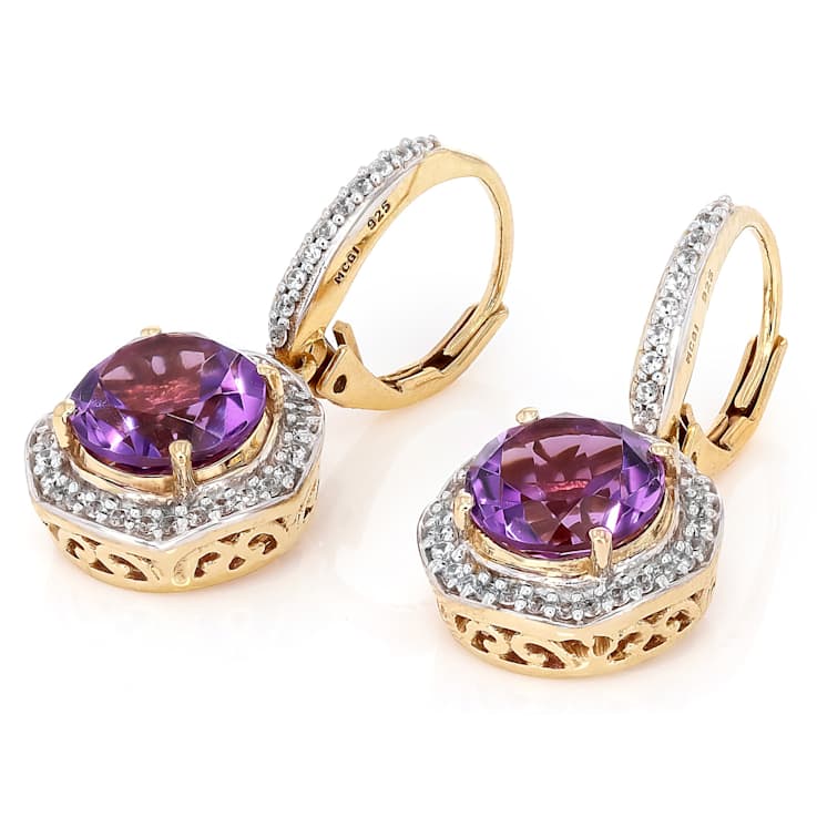 Amethyst Round And White Zircon Dangle Earrings In 18K Gold Over
Sterling Silver 3.42ctw