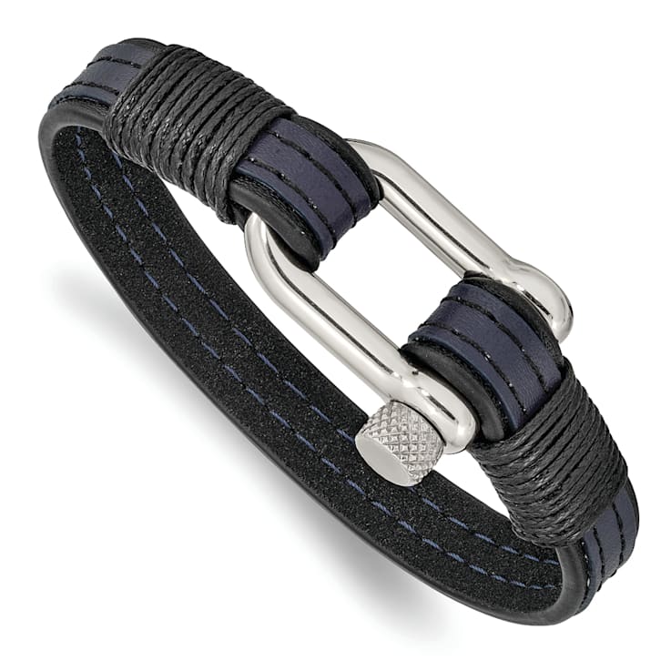 Black and Blue Leather Stainless Steel Polished 8.25-inch Shackle Bracelet